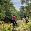 Cyklister på Hærvejen ved Gudenåens Udspring med blomster i forgrunden