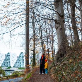 Mor og barn på gåtur i Vejles skove